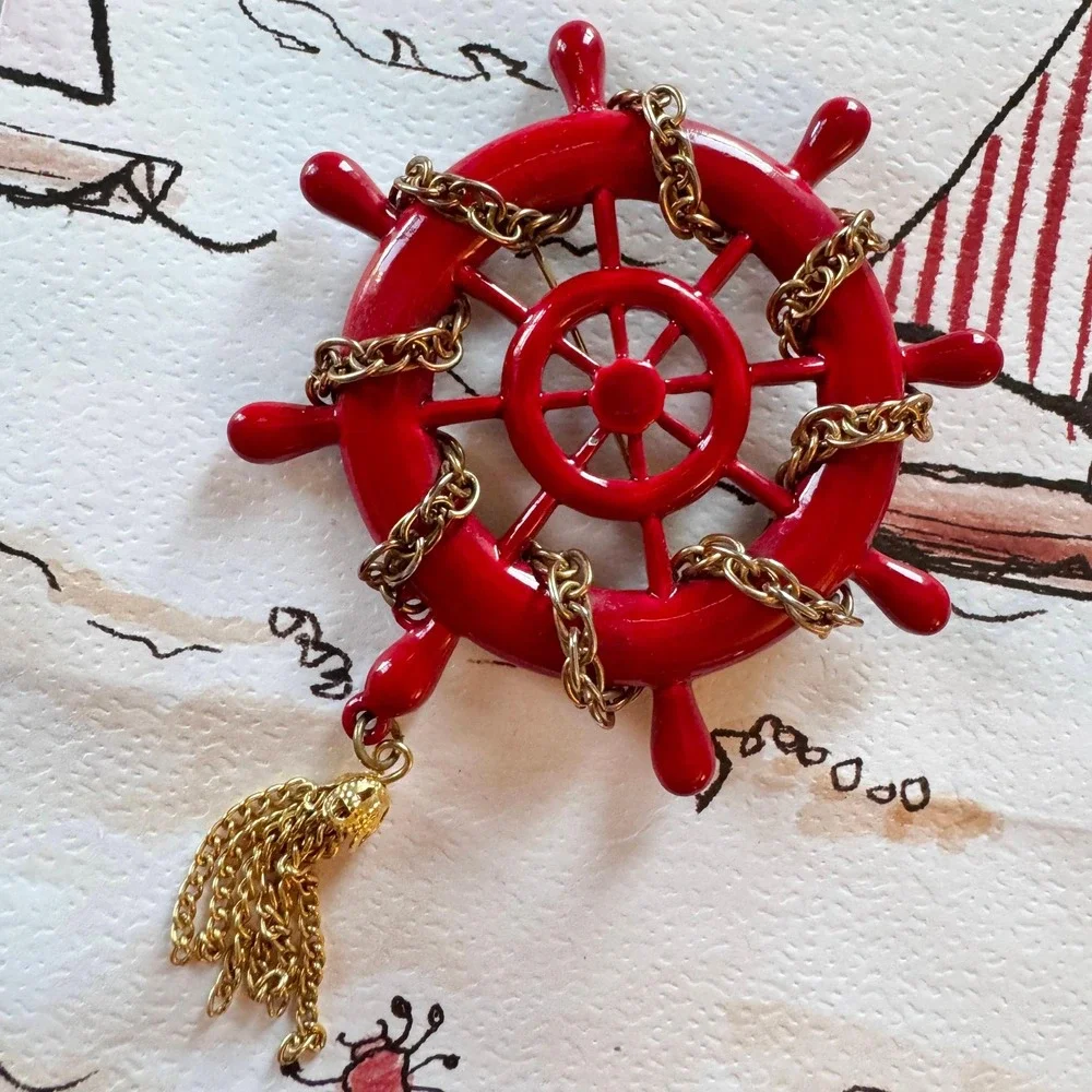 Vintage 1960s‎ Red Ship Wheel Brooch Gold Tassel Nautical Helm Pin Mid Century